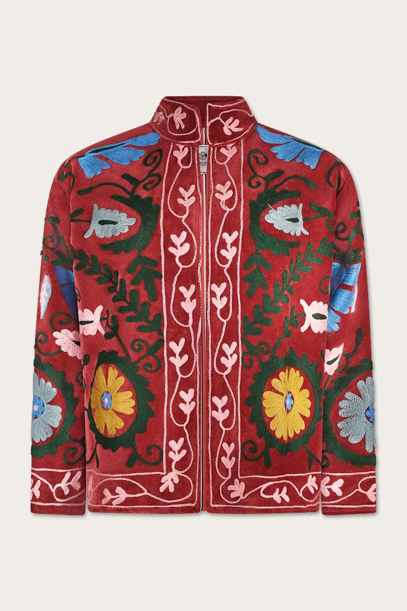 Embroidery jacket – Deep red with floral Suzani embroidery