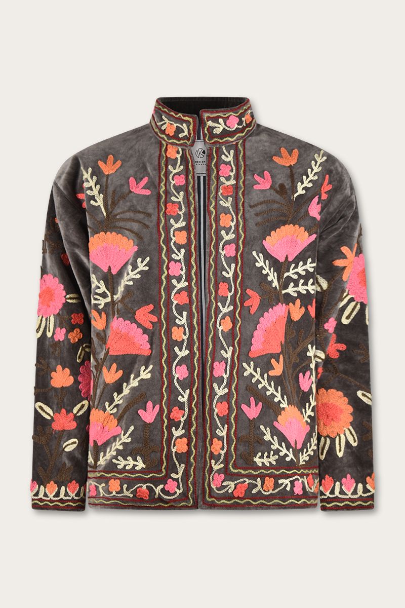 Embroidered velvet jacket – Grey with pink flower embroidery