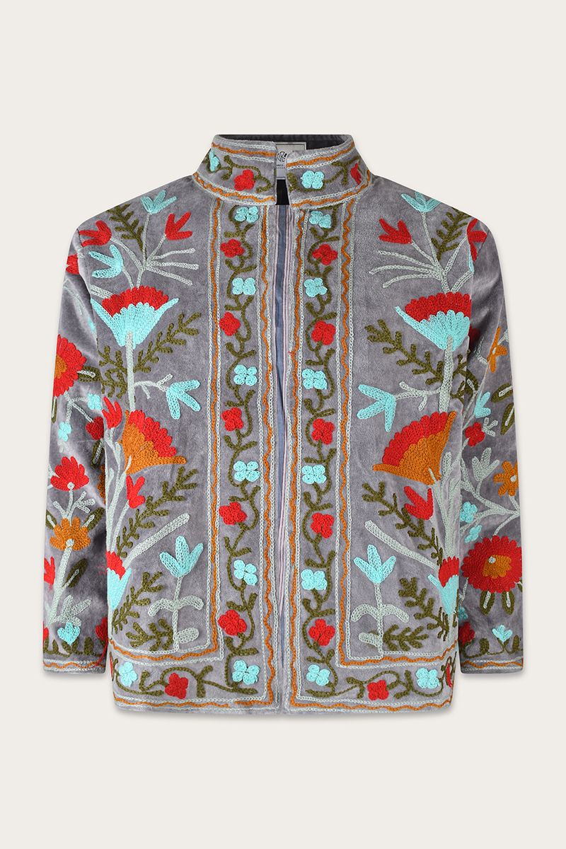 Embroidery jacket – Grey with turquoise floral Suzani embroidery