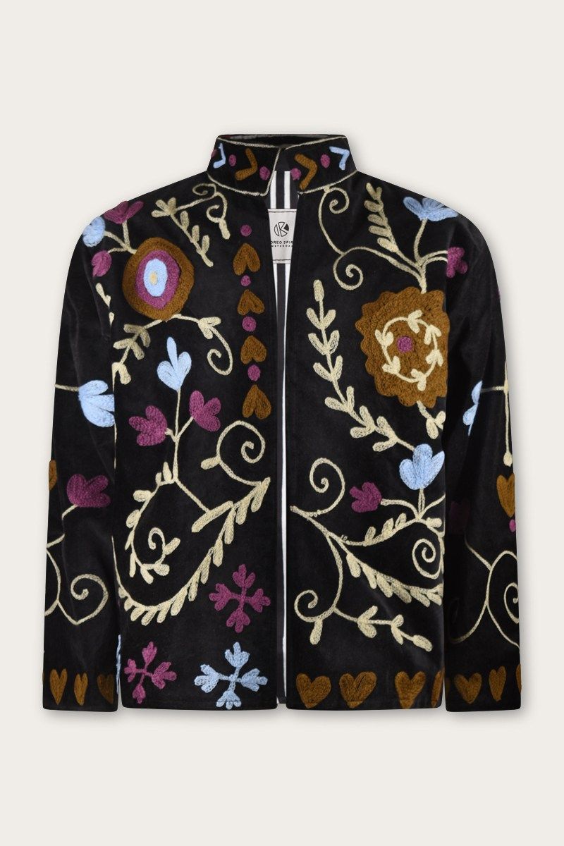 Embroidery Jacket – Black with Soft Floral Suzani Embroidery