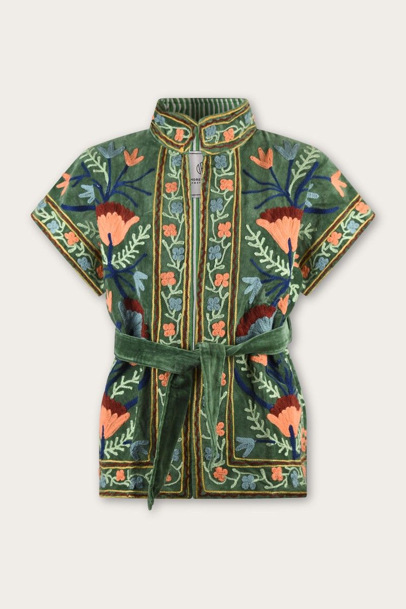 Embroidered Velvet Bodywarmer – Olive Green with Suzani Embroidery
