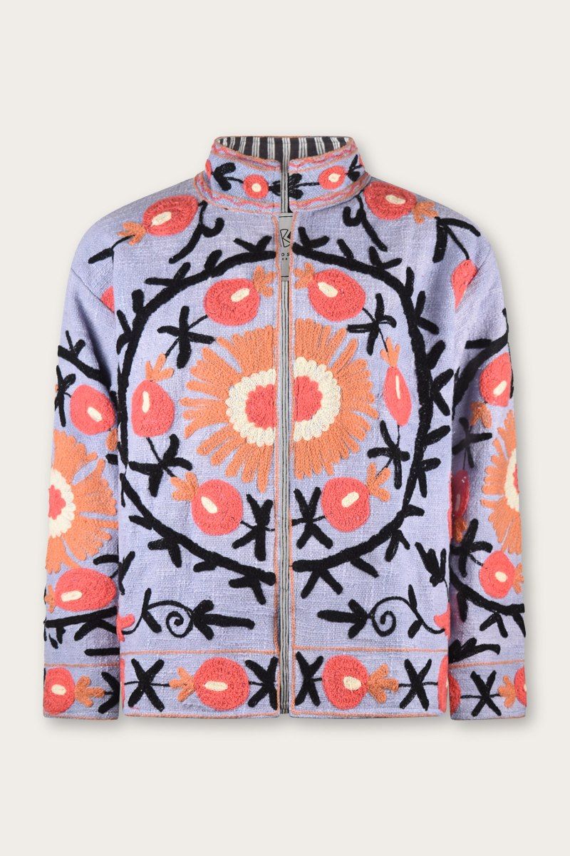 Embroidered Jacquard Jacket – Lavender with Coral Suzani Motifs