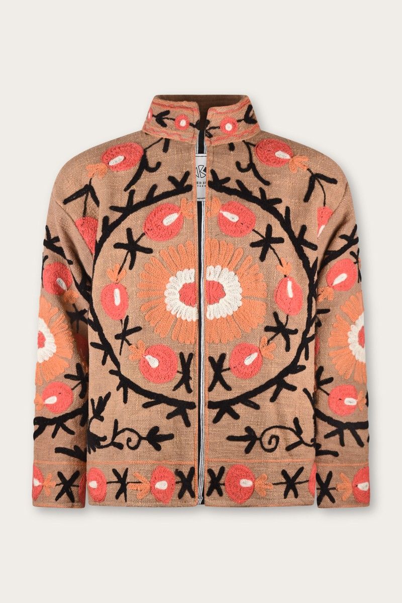 Embroidered Jacquard Jacket – Sand with Coral Suzani Motifs