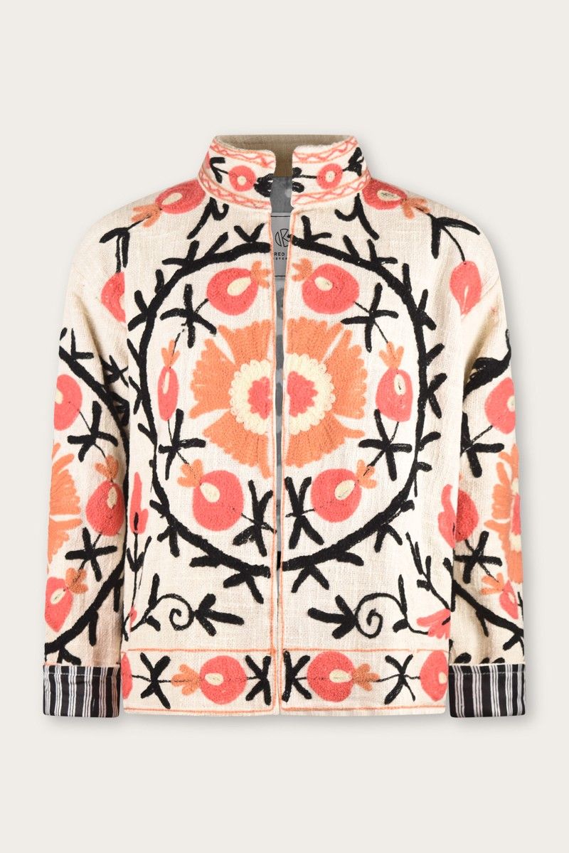 Embroidered Jacquard Jacket – Cream with Coral Suzani Motifs