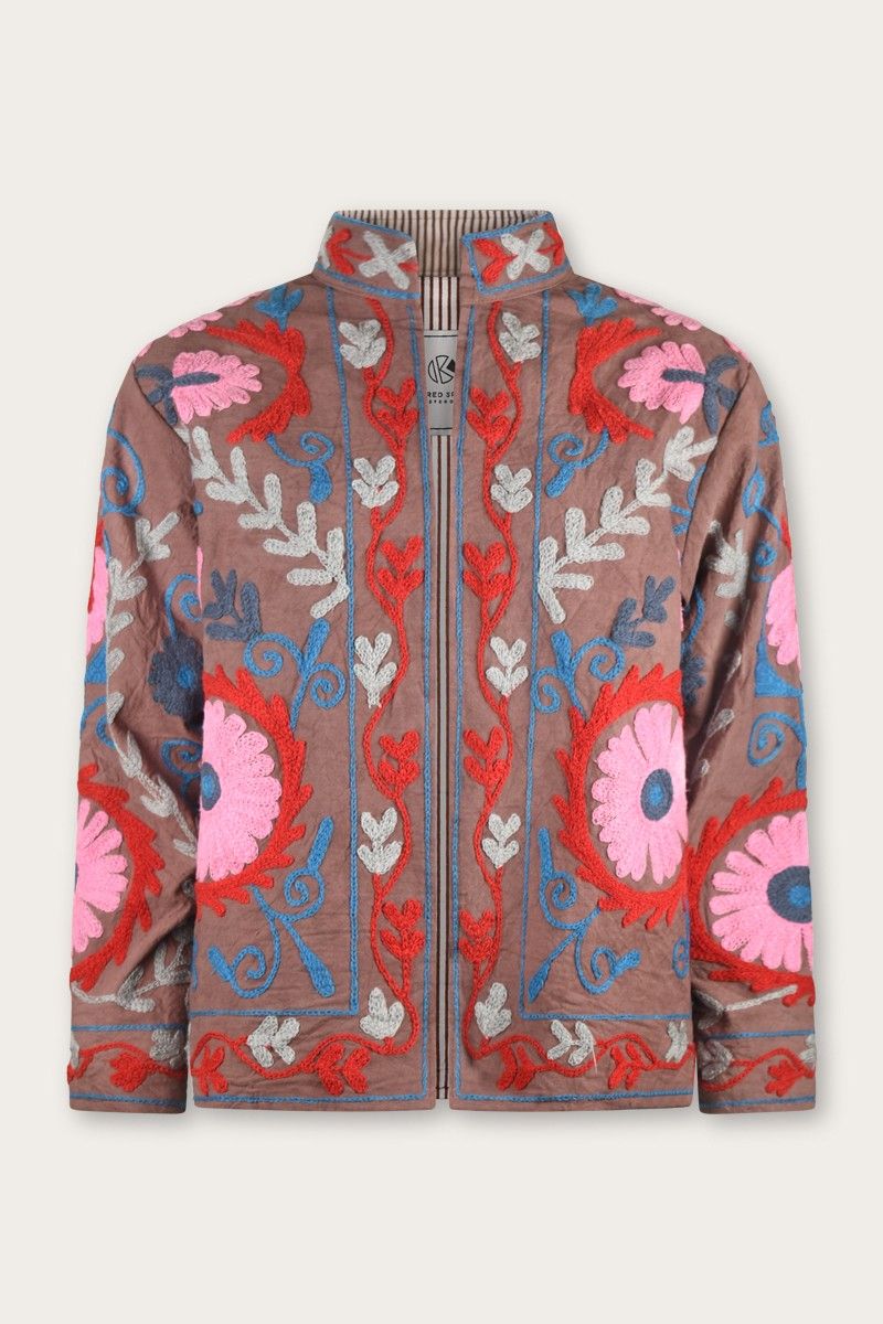 Embroidered Cotton Jacket – Taupe with Pink and Red Suzani Flowers