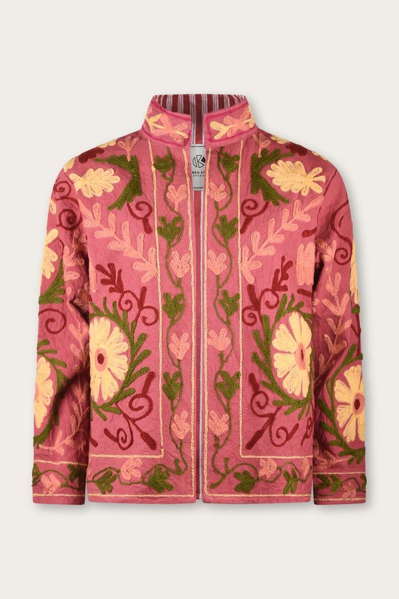 Embroidered Cotton Jacket – Dusty Pink with Floral Suzani Embroidery