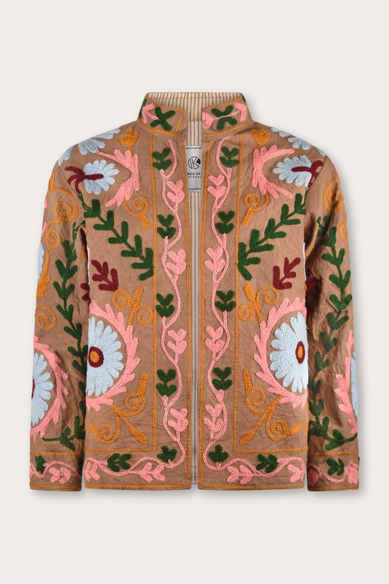 Embroidered Cotton Jacket – Sand with Pastel Floral Suzani Embroidery