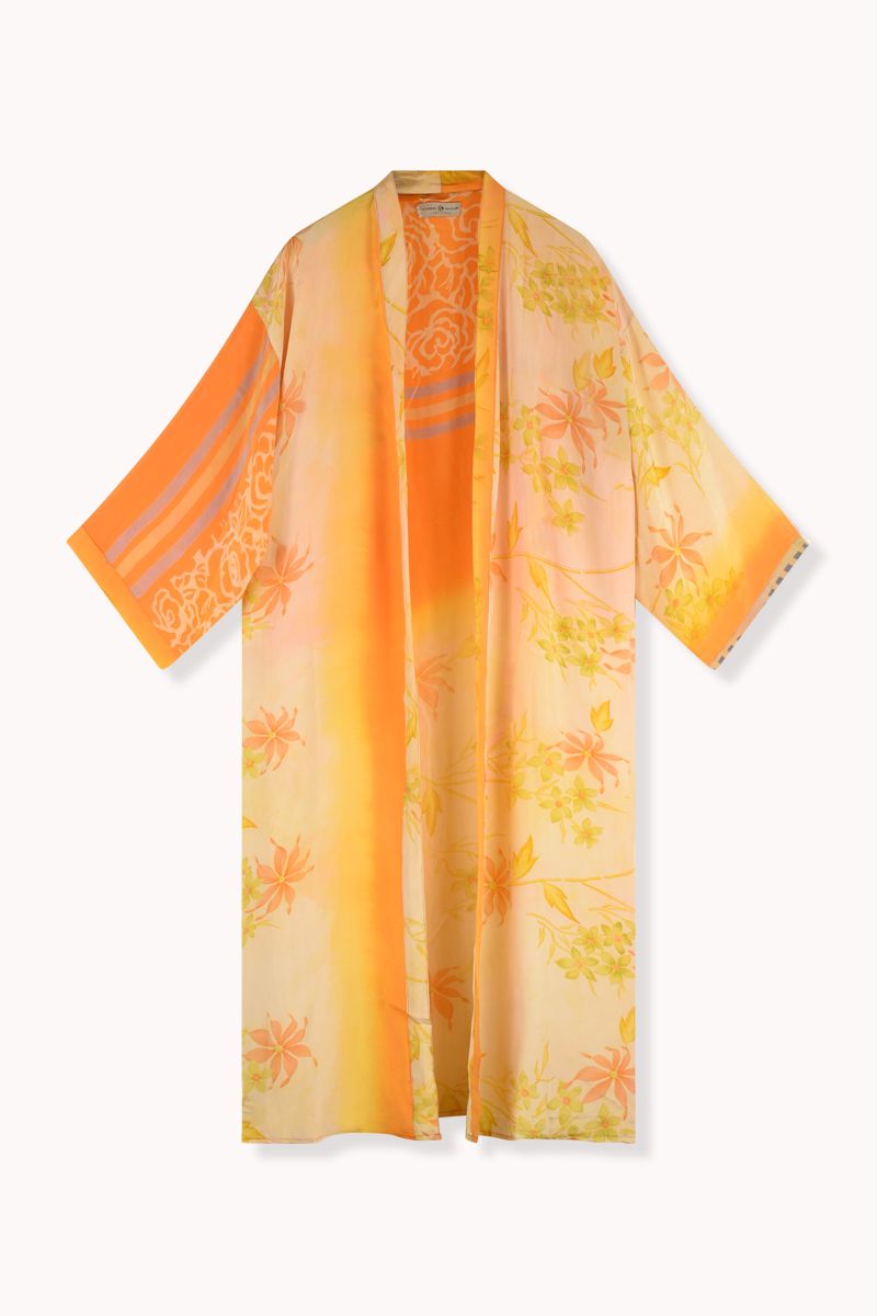 Long Silk Sari Kimono – Multicolor Floral