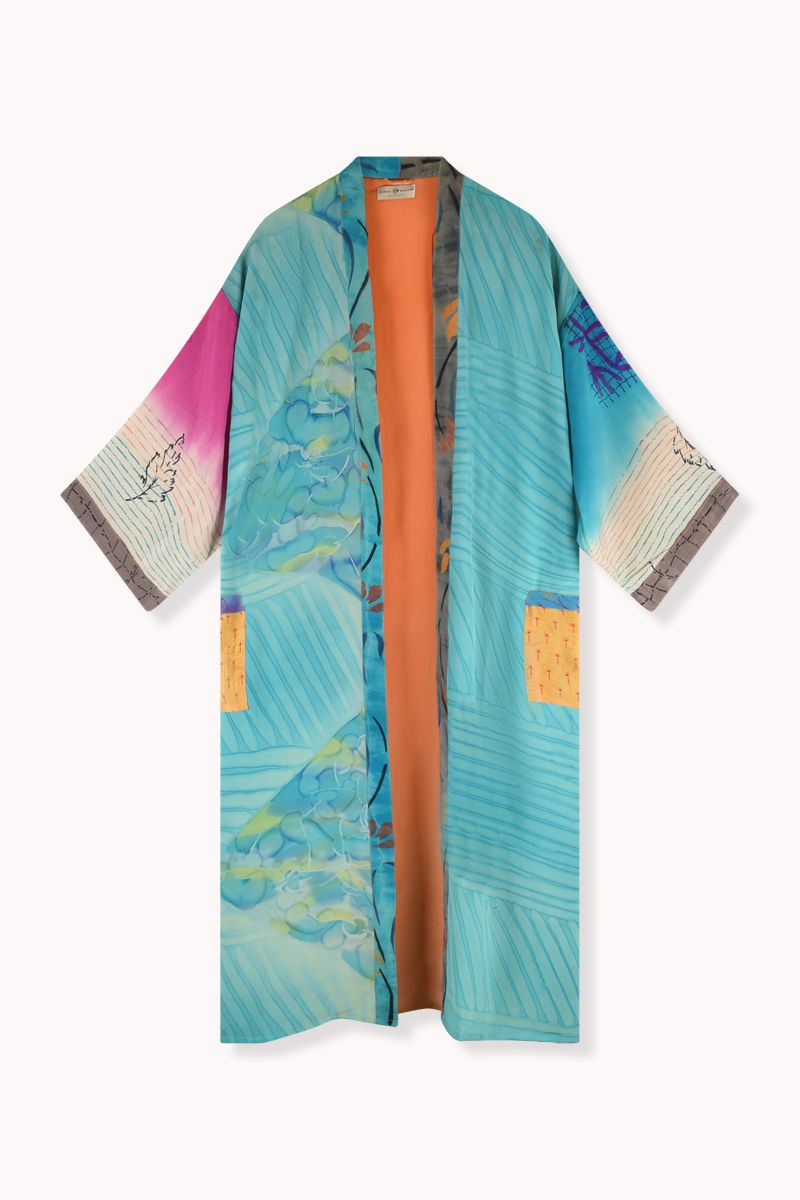 Long Silk Sari Kimono – Multicolor Floral