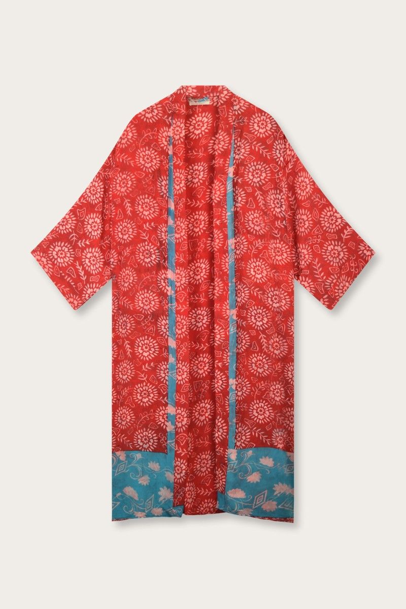 Long Silk Sari Kimono – Multicolor Floral