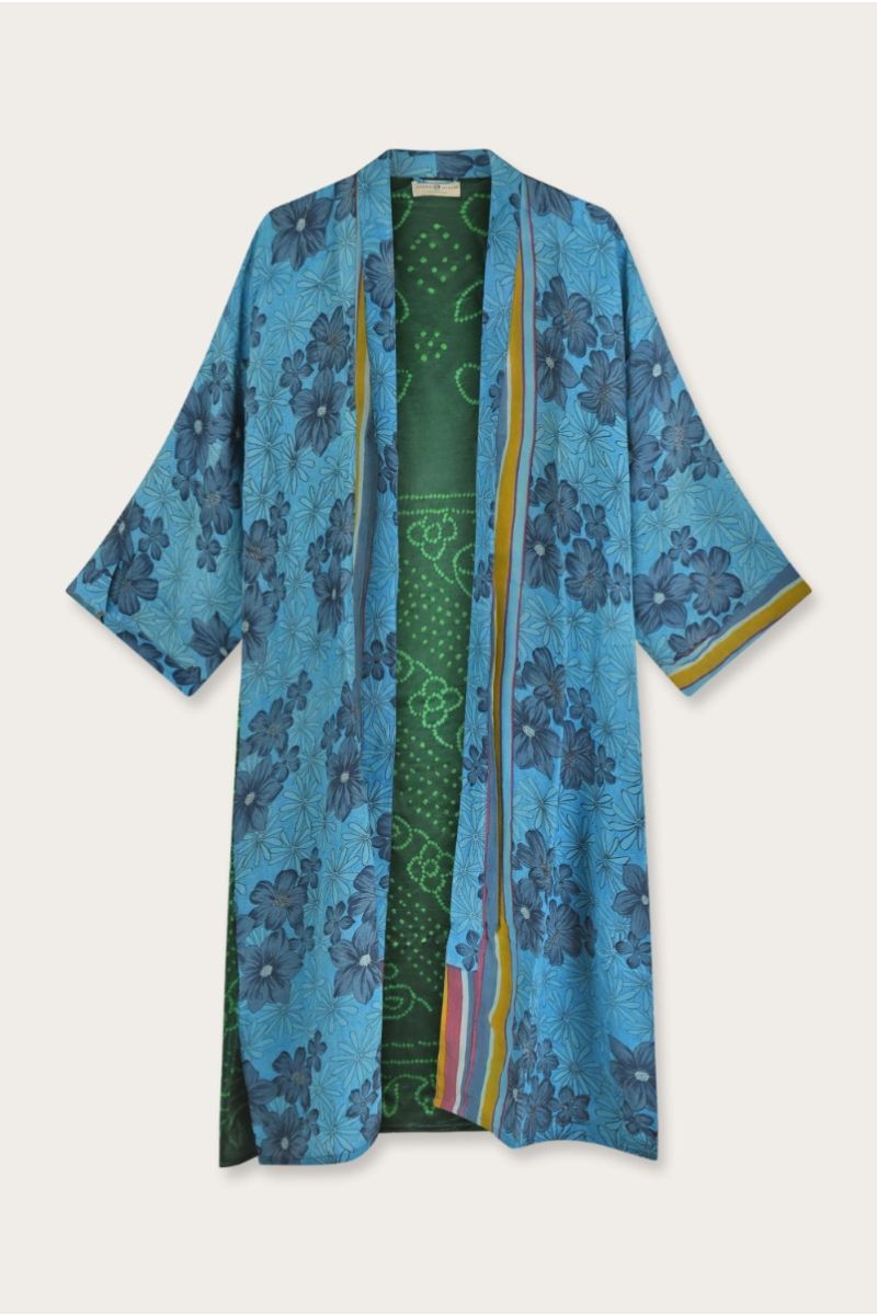 Long Silk Sari Kimono – Multicolor Floral