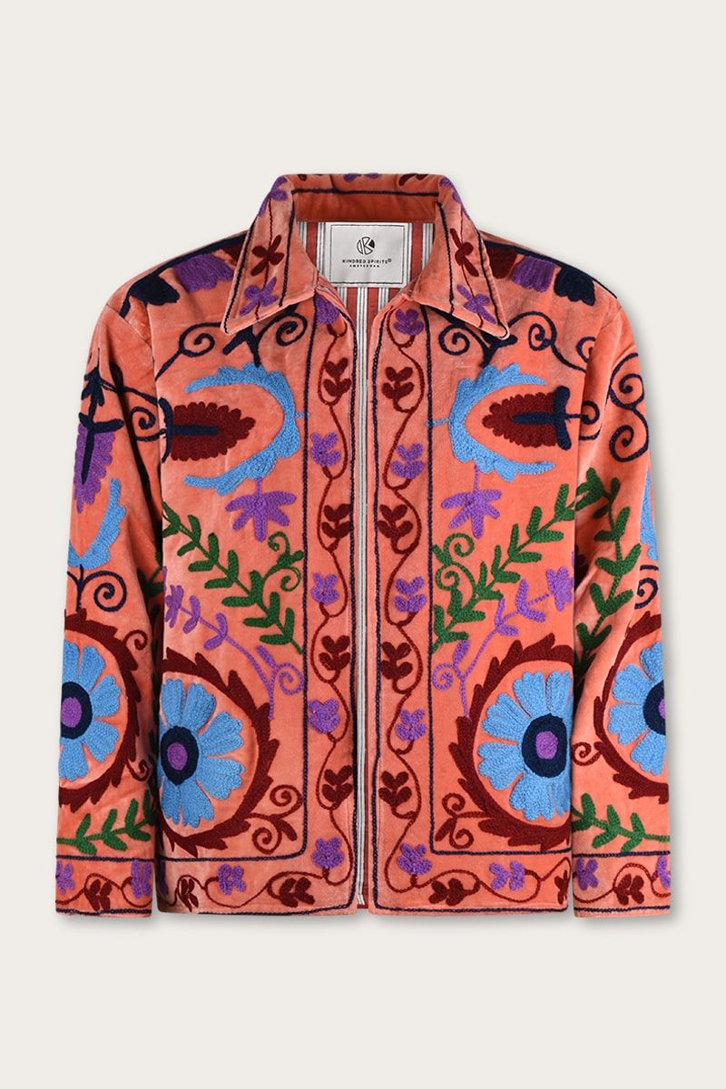 Embroidered velvet jacket – Salmon pink with multicolour Suzani embroidery
